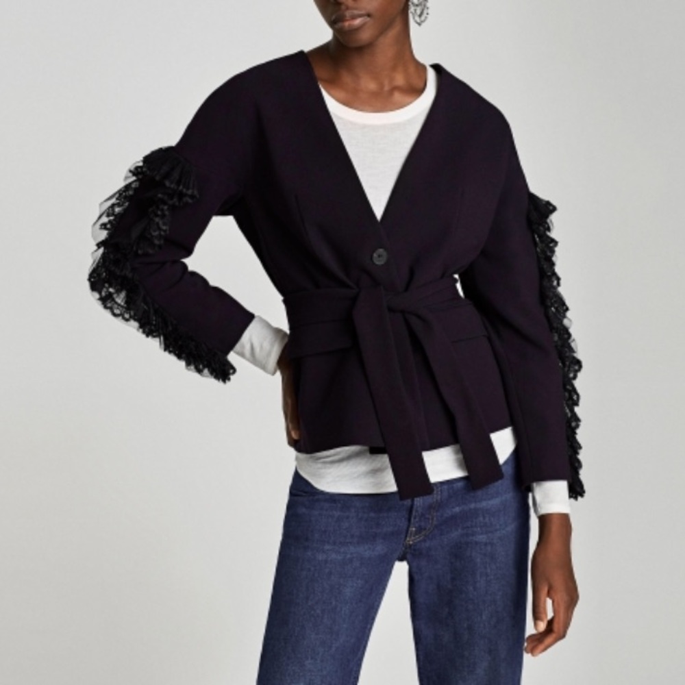 Zara V Neck Lace Ruffle Sleeve Jacket Blazer